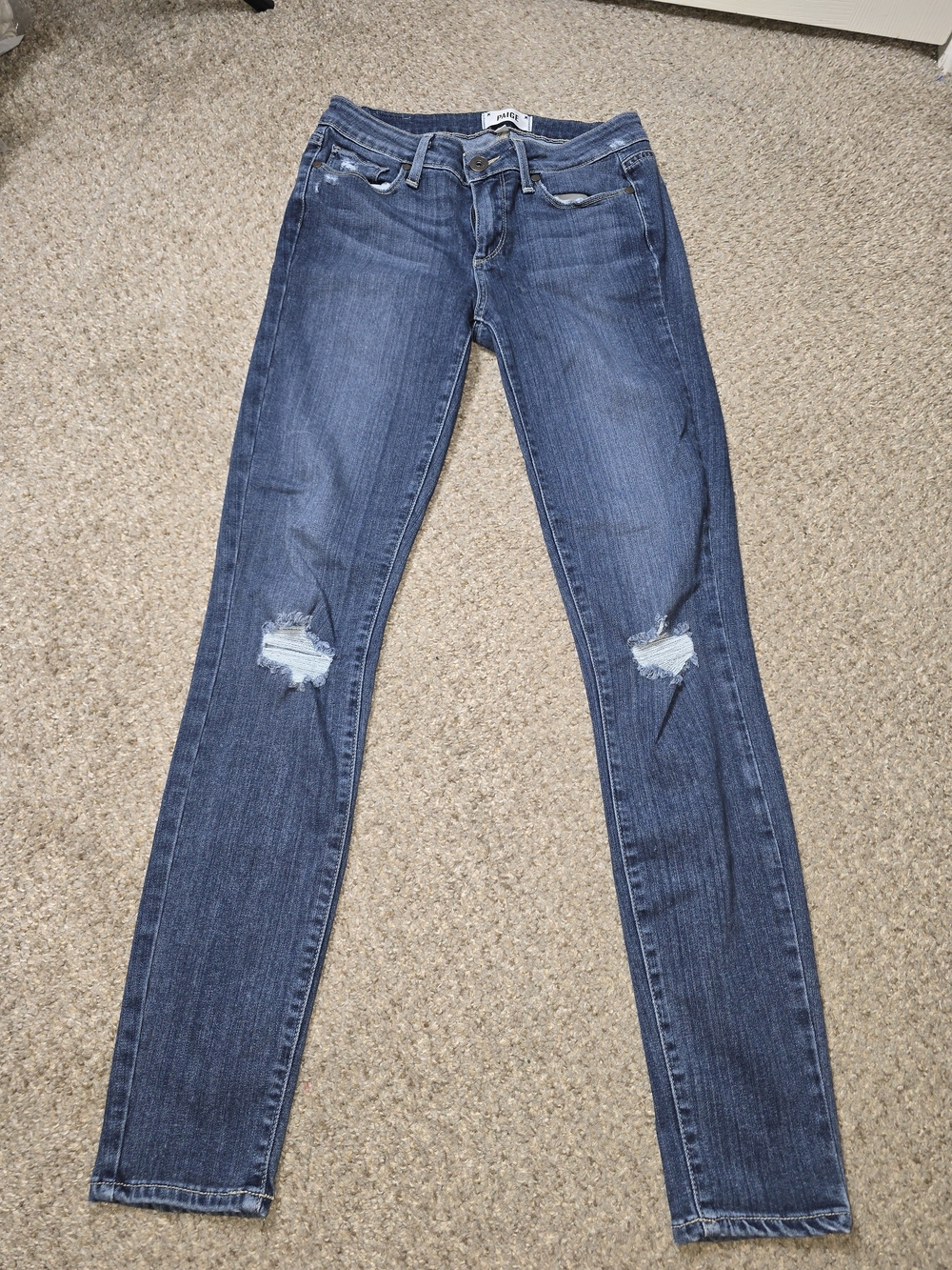 PAIGE Medium Dark Blue Distressed Skinny Jeans Size 28
